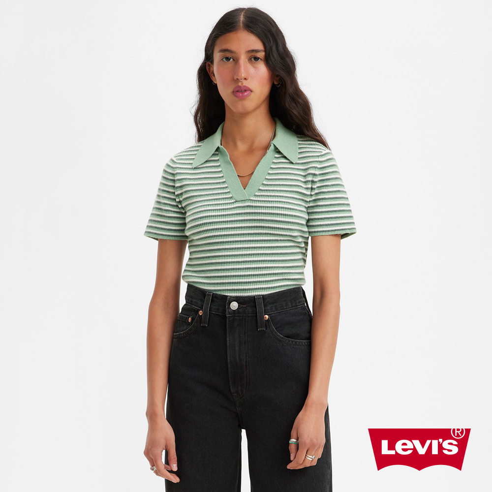 Levis 女款 深V領短袖針織衫 松木綠條紋 熱賣單品