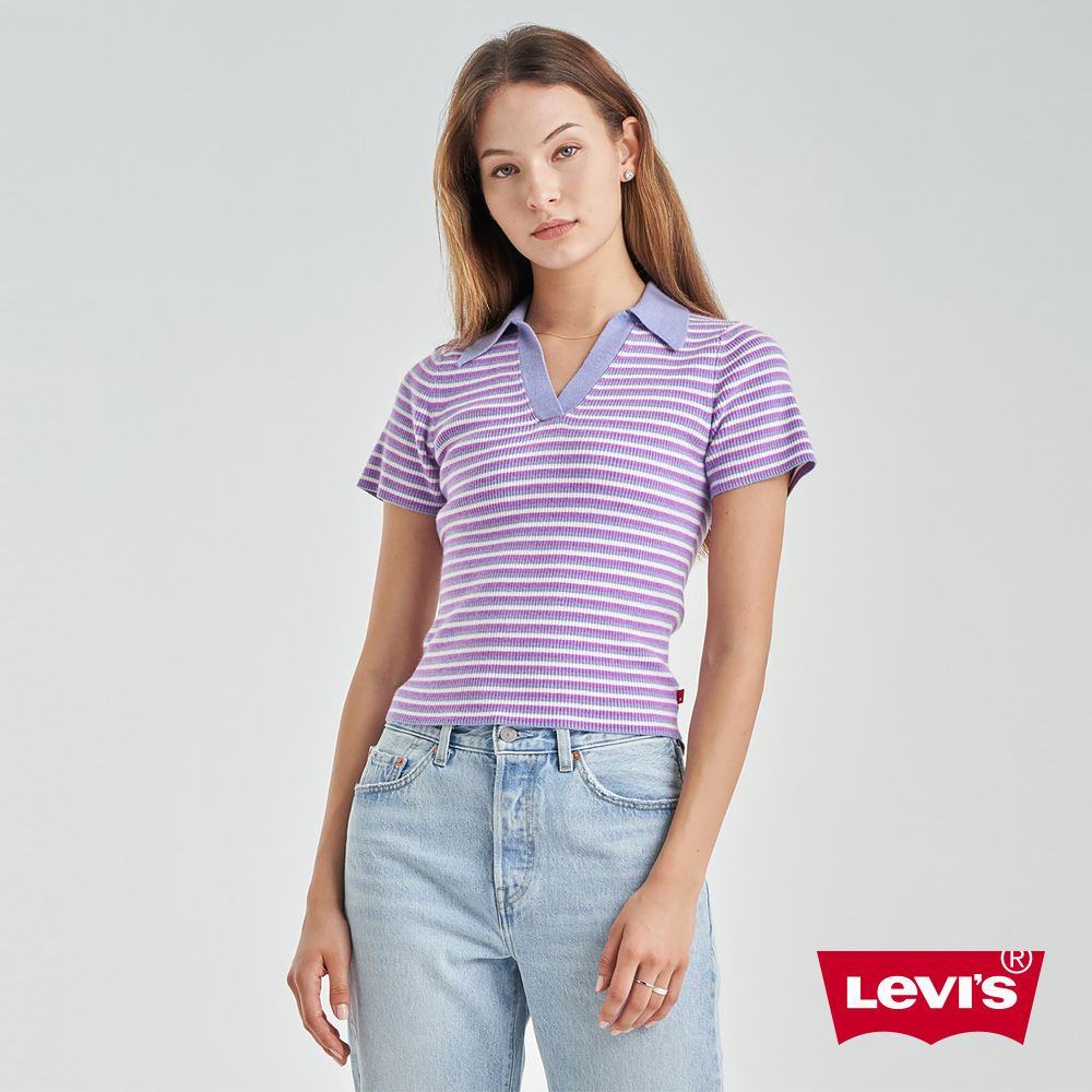 Levis 女款 深V領短袖針織衫 紫羅蘭條紋 熱賣單品
