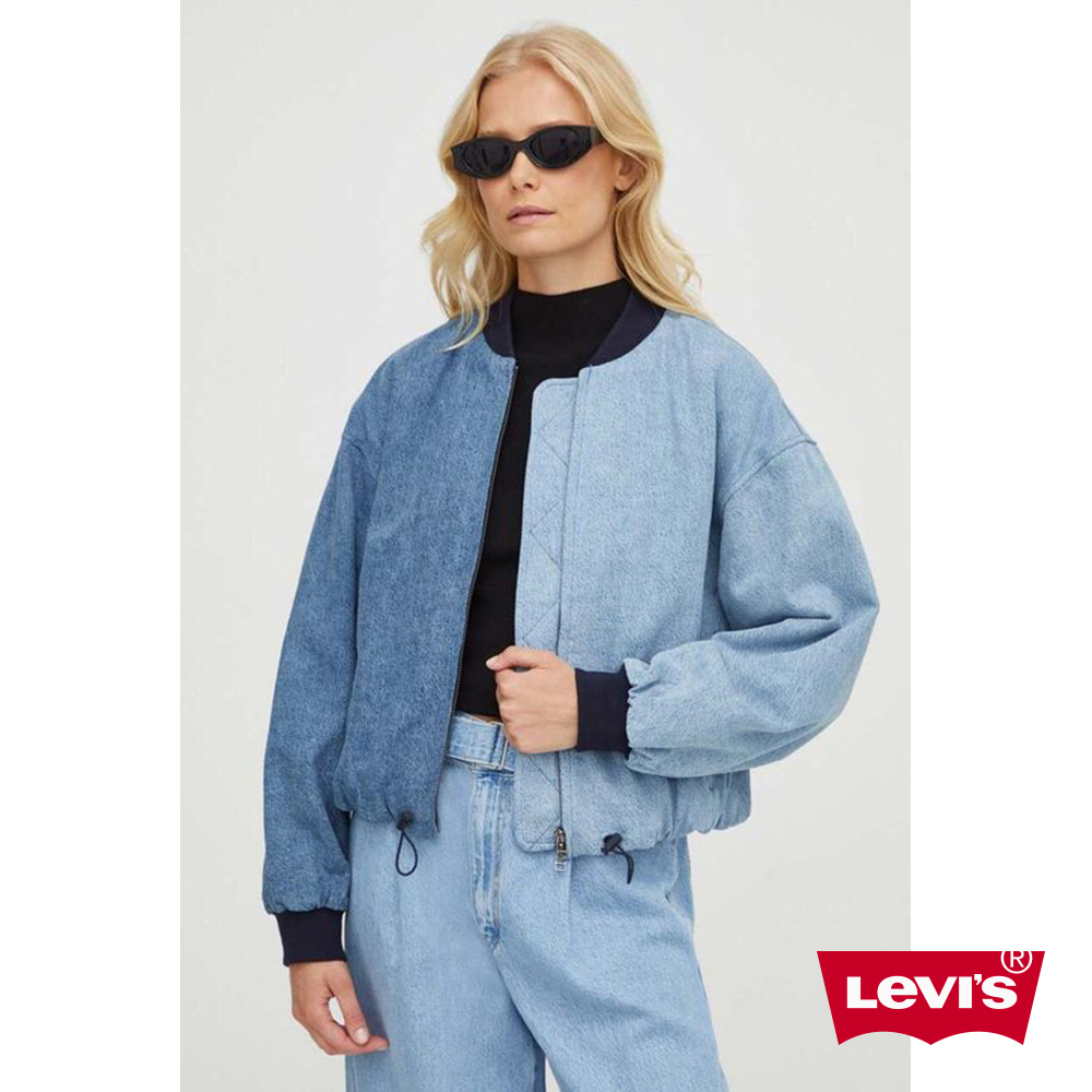 Levis 女款 寬鬆短版牛仔飛行外套 / 深淺丹寧拼接 / 抽繩收縮下擺 / 天絲棉 熱賣單品