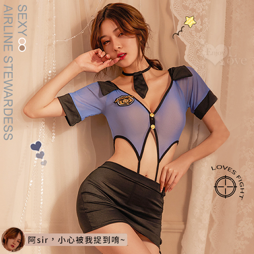 警察角色扮演服！V領雙釦露腰開襠連身衣交叉綁帶包臀裙四件式套裝 E535750