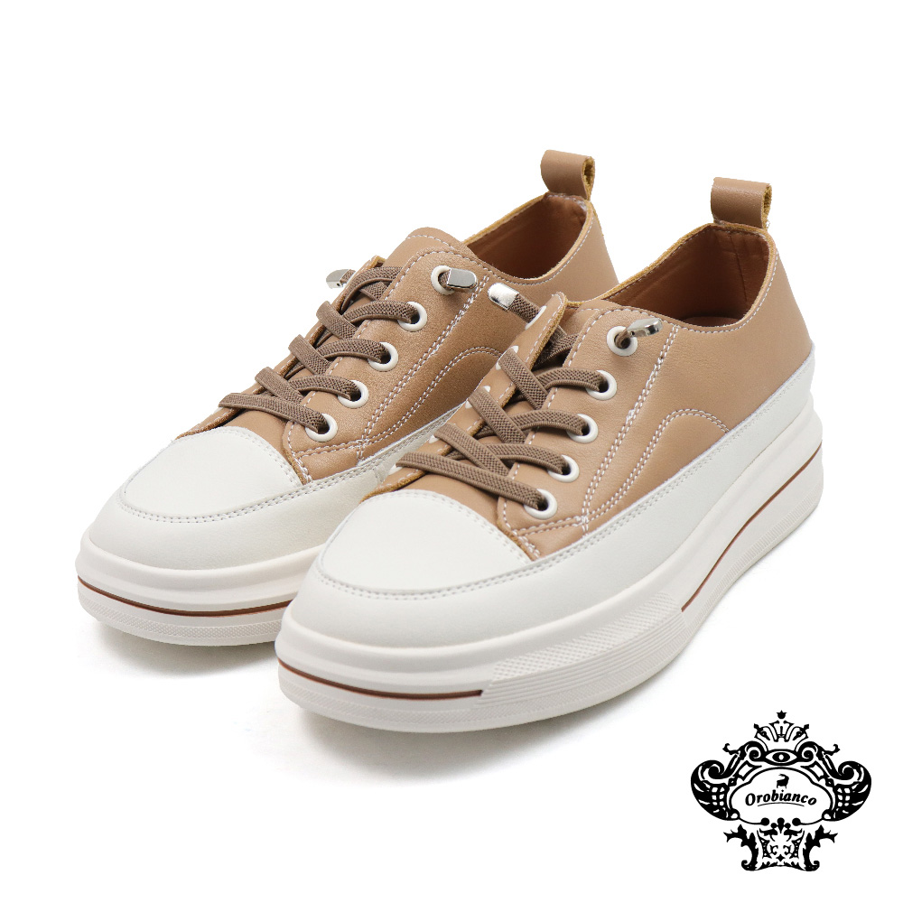 【Orobianco】厚底壓線皮質綁帶休閒鞋 卡其色(OR335001W-BE)