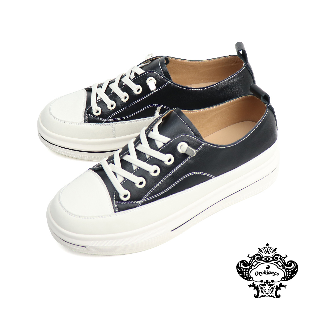 【Orobianco】厚底壓線皮質綁帶休閒鞋 黑色(OR335001W-BL)