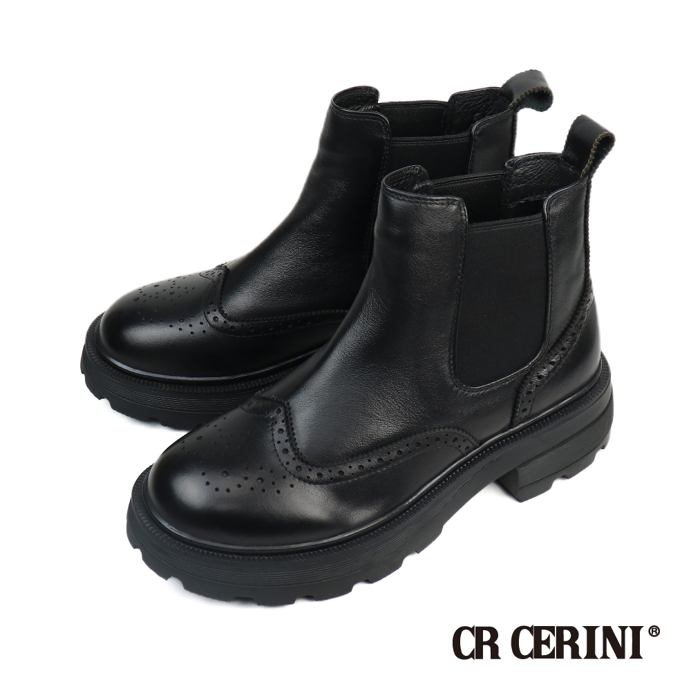 【CR CERINI】翼紋雕孔厚底切爾西短靴 黑色(CR21262W-BL)