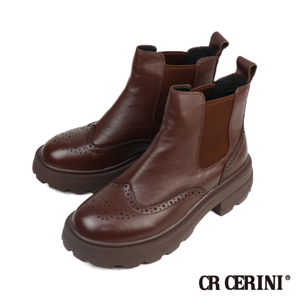 【CR CERINI】翼紋雕孔厚底切爾西短靴 深棕色(CR21262W-DBR)
