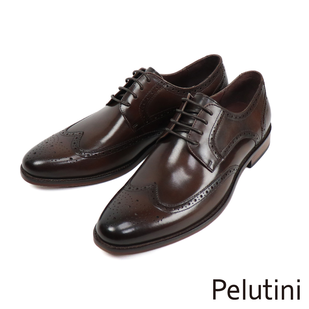 【Pelutini】經典翼紋細孔雕花德比鞋 深棕色(PE28811-DBR)