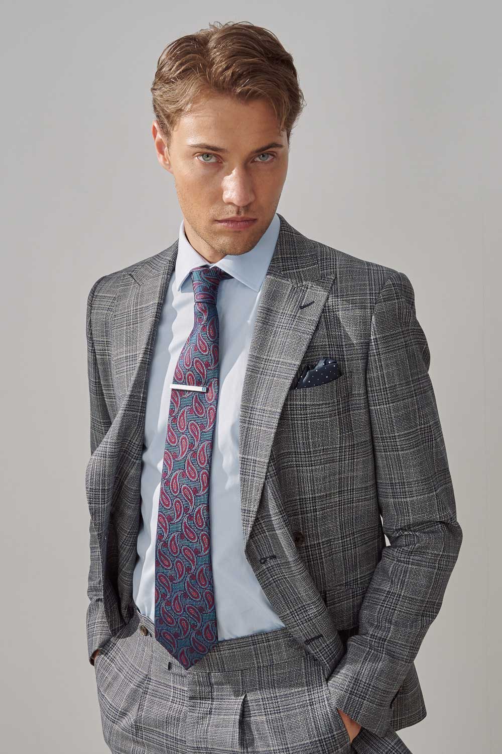 SST&C Gray Check Pattern Slim Fit Double-Breasted Suit Jacket | 0112308012  (Outlet)_0