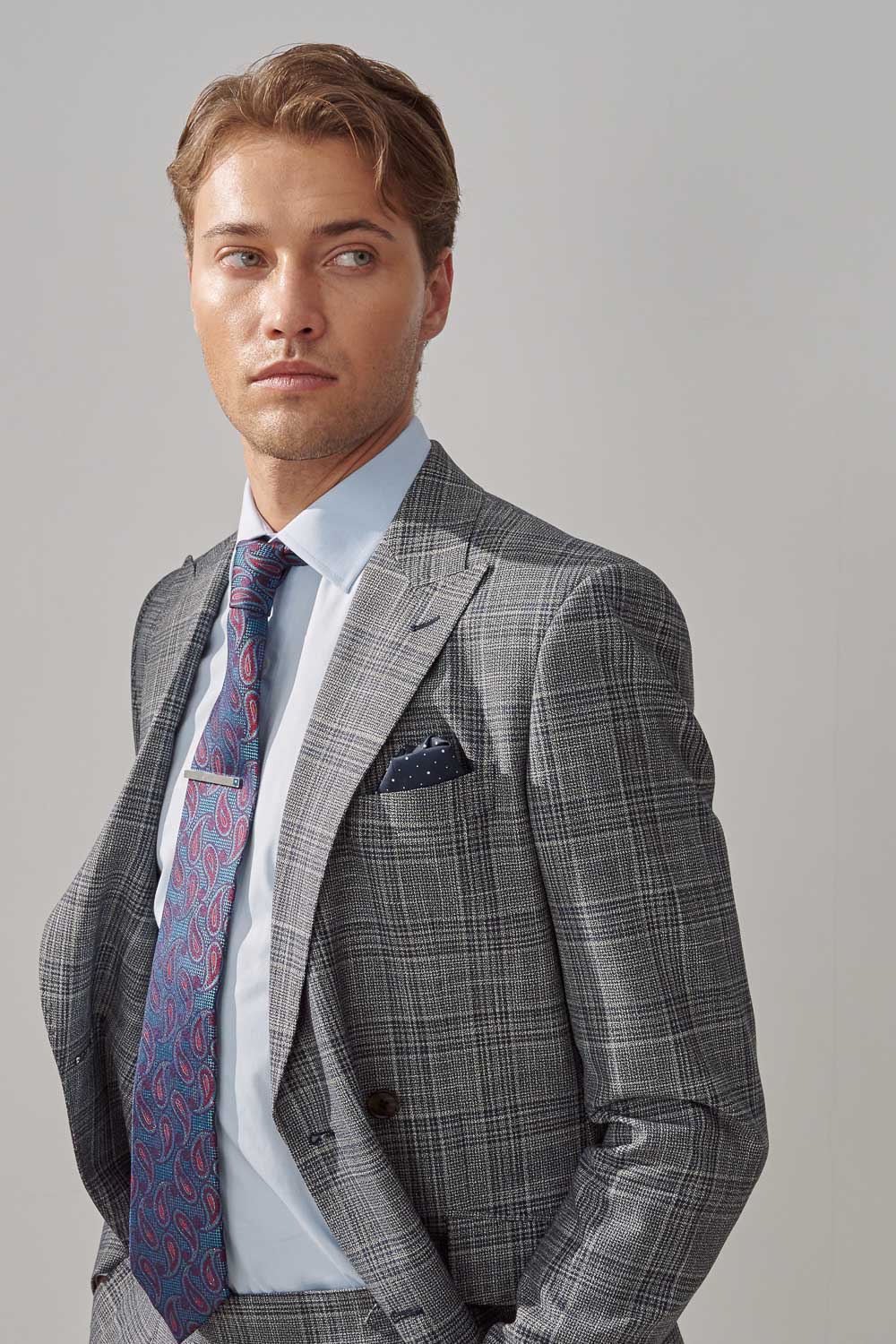 SST&C Gray Check Pattern Slim Fit Double-Breasted Suit Jacket | 0112308012  (Outlet)_1