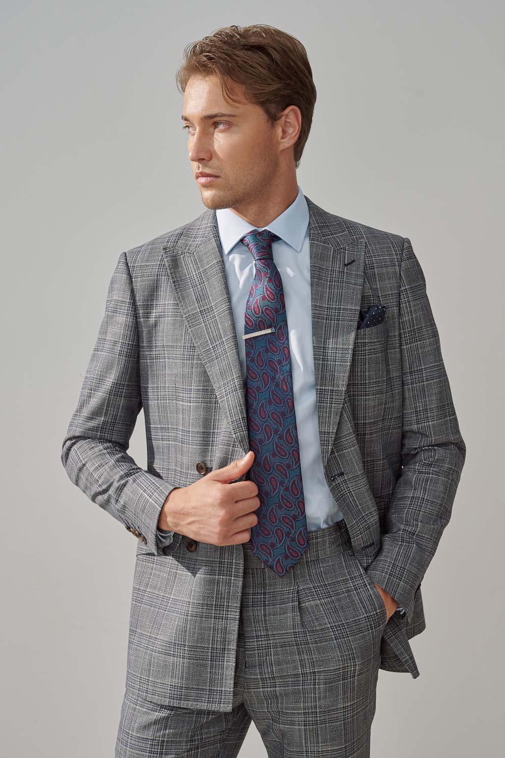 SST&C Gray Check Pattern Slim Fit Double-Breasted Suit Jacket | 0112308012  (Outlet)_3