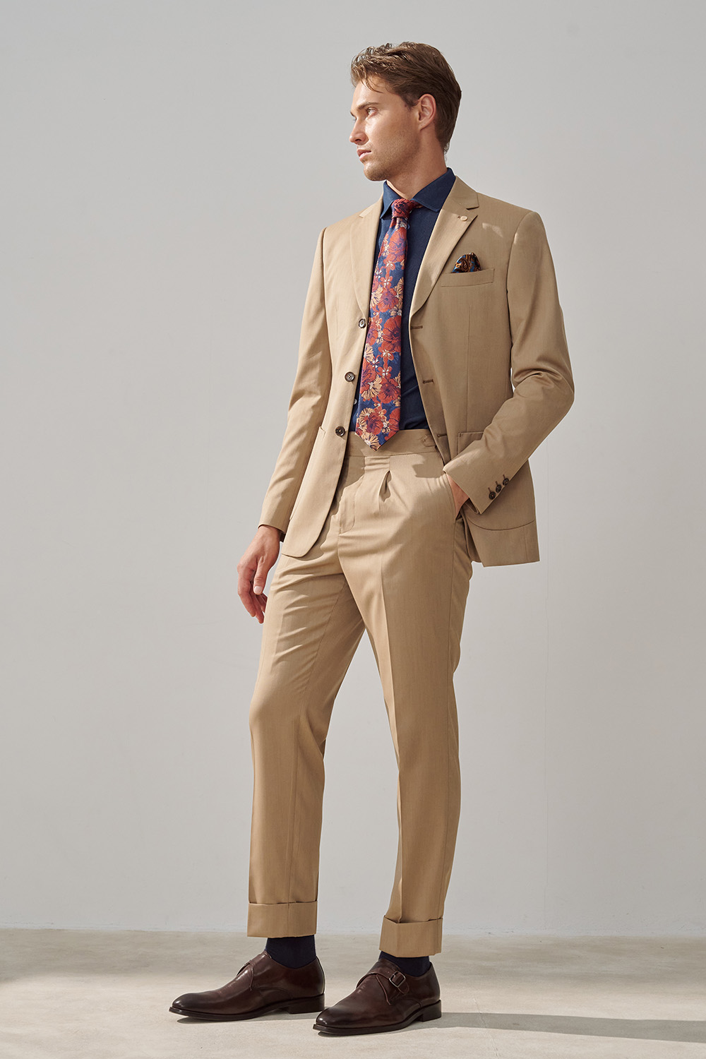SST&C Khaki Herringbone Slim Fit Suit Trousers | 0212308007  (Outlet)_0