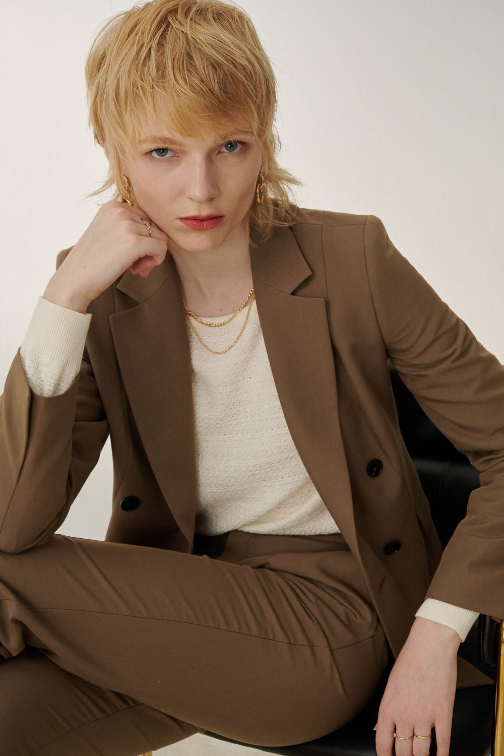 SST&C Khaki Square-Neck Double-Breasted Suit Jacket | 7162308003  (Outlet)_0