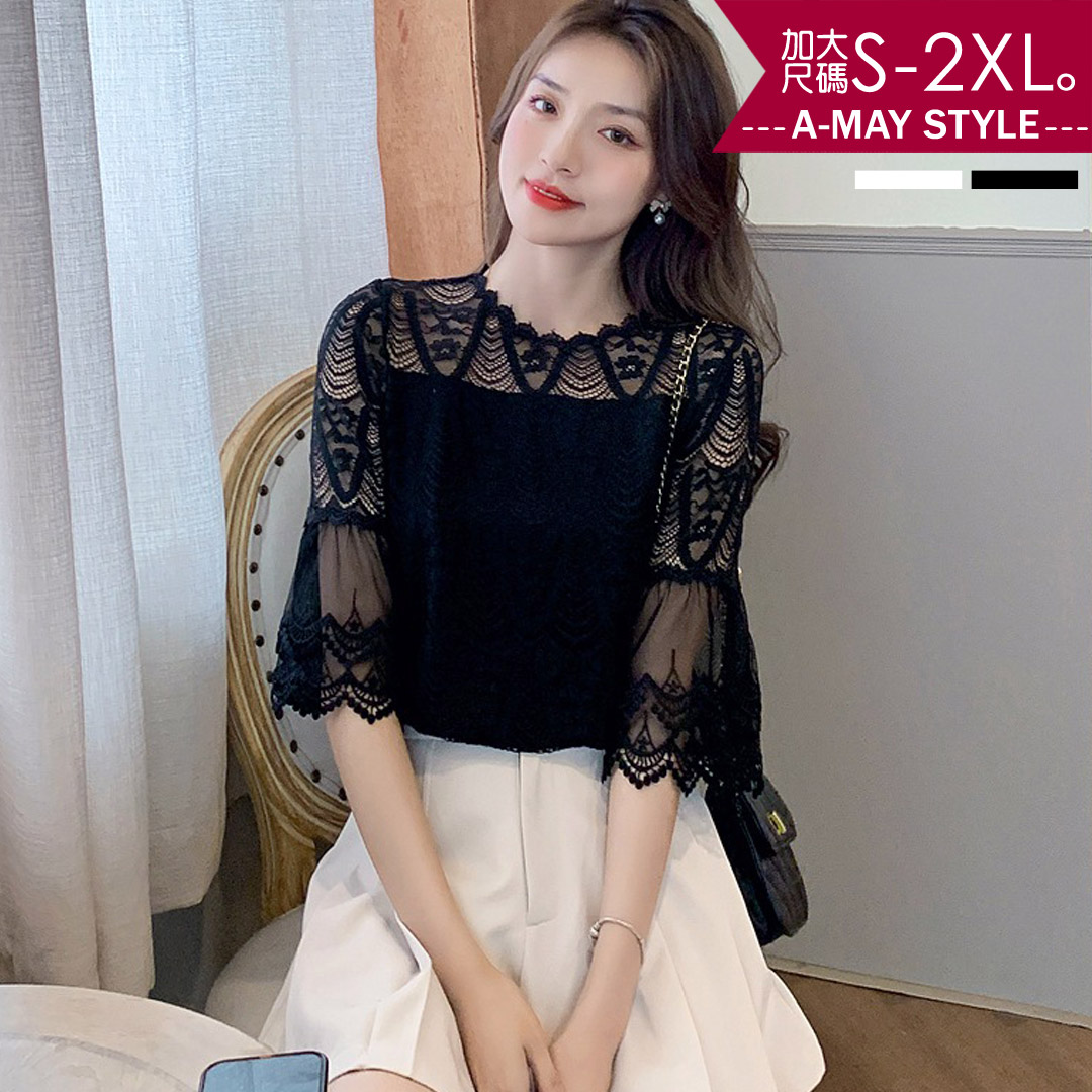 加大碼上衣-優雅蕾絲鉤花五分袖雪紡衫(S-2XL)【XGC962443】＊艾美時尚(現+預)_1