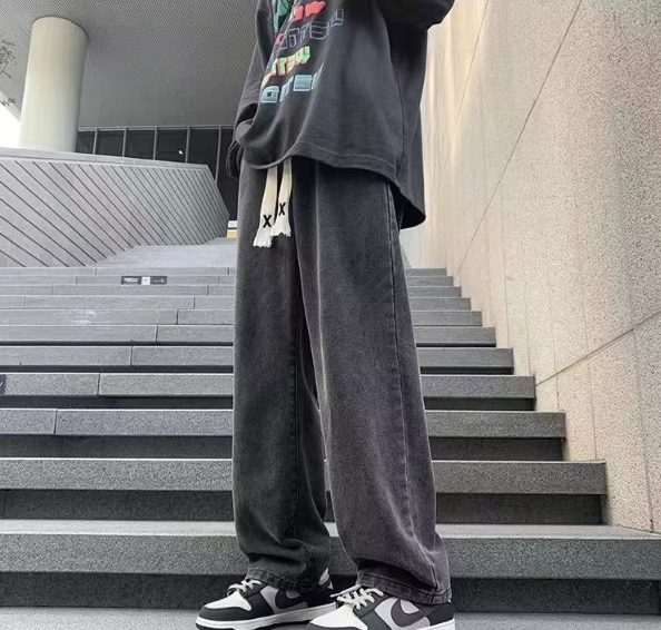 美式vibe 鬆緊腰 素面牛仔寬褲 直筒褲 基礎 寬褲 素色 長褲 休閒長褲 牛仔褲情侶 街頭_0