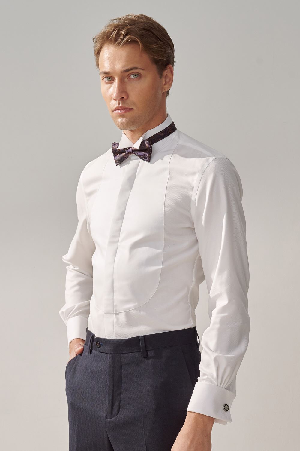 SST&C #Milan Series  Anti-Wrinkle White Spliced ​​Dress Style Slim Fit Shirt | 0312309007  (Outlet)_0