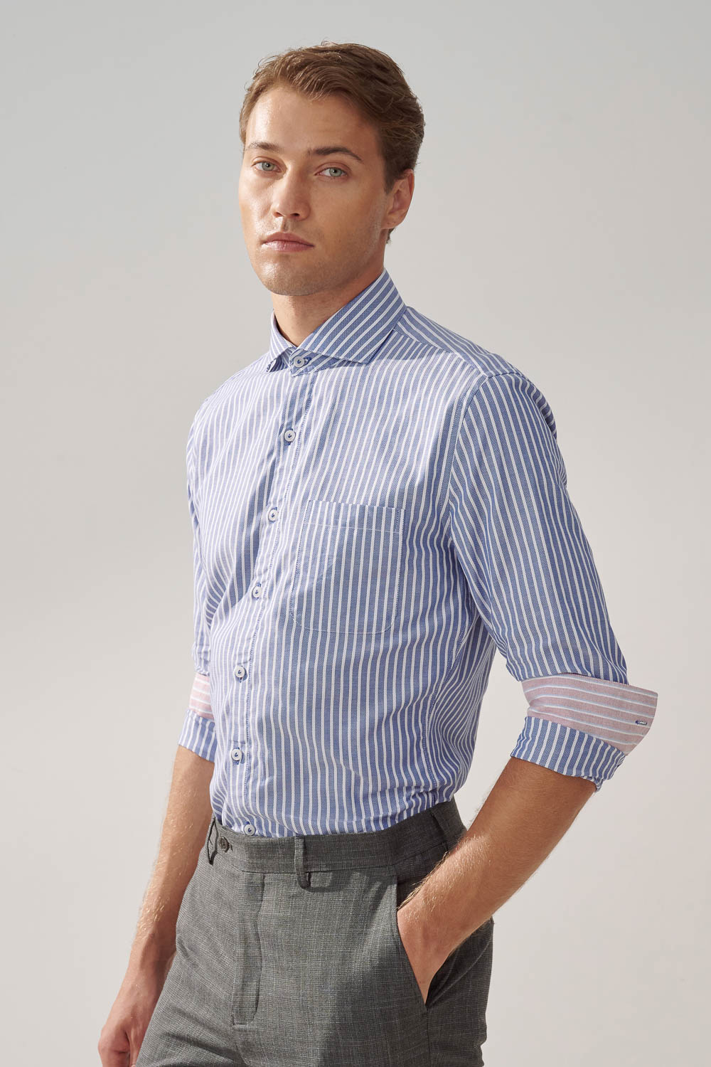 SST&C #Comfortable Cotton  Blue and White Striped Pattern Slim Fit Shirt | 0312309012  (Outlet)_0