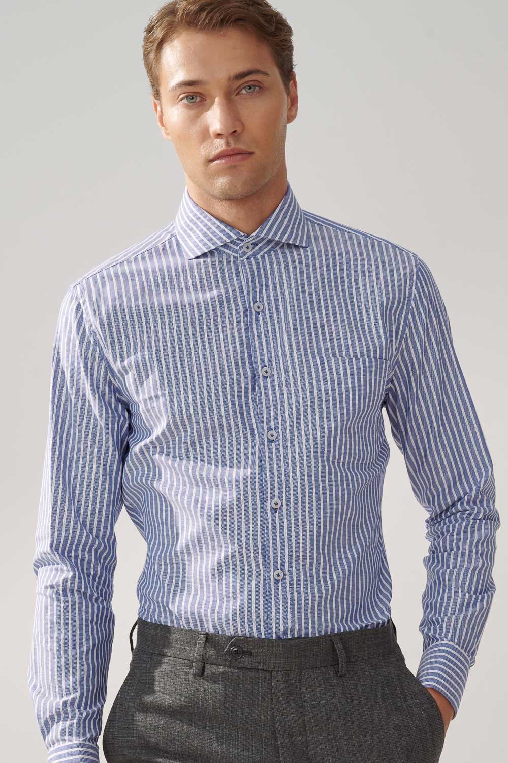 SST&C #Comfortable Cotton  Blue and White Striped Pattern Slim Fit Shirt | 0312309012  (Outlet)_2