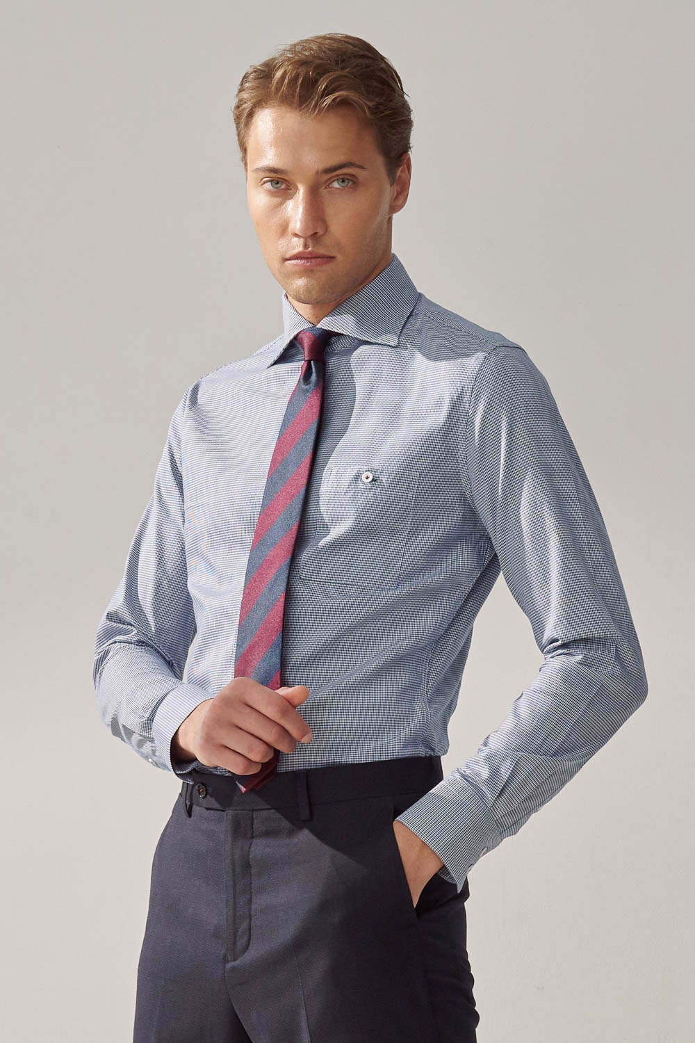 SST&C #Comfortable Cotton  Small Houndstooth Blue Slim Fit Shirt | 0312309015  (Outlet)_0