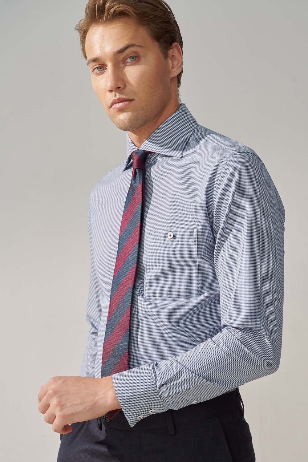 SST&C #Comfortable Cotton  Small Houndstooth Blue Slim Fit Shirt | 0312309015  (Outlet)_1