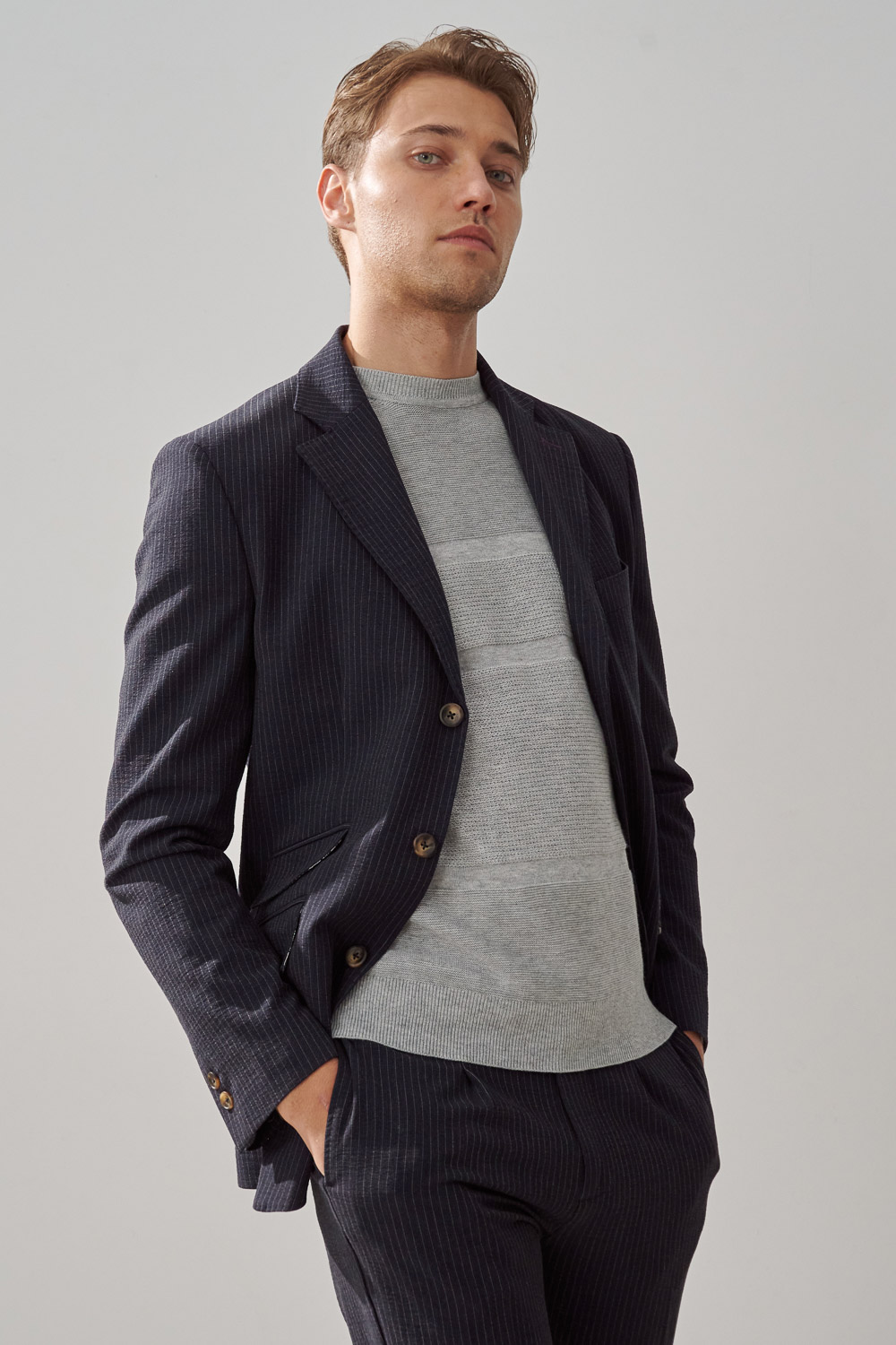 SST&C Navy Striped Pattern Seersucker Casual Suit Jacket | 0612309004  (Outlet)_0