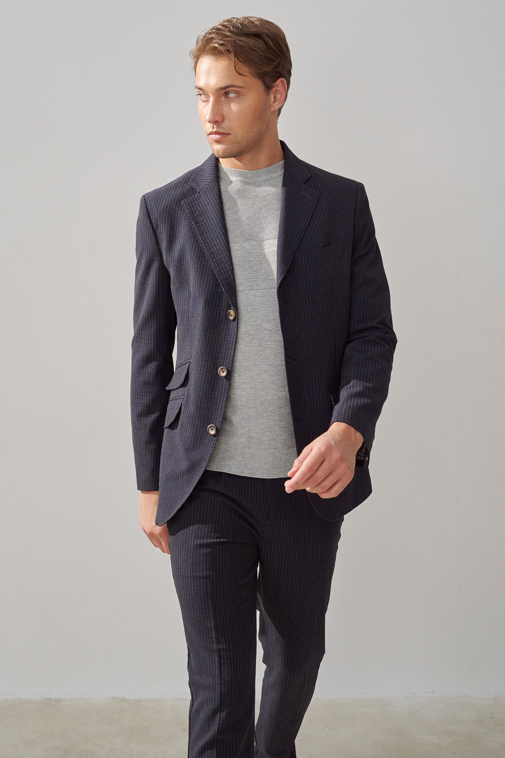 SST&C Navy Striped Pattern Seersucker Casual Suit Jacket | 0612309004  (Outlet)_2
