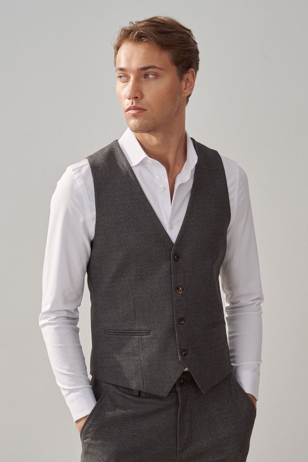 SST&C Dark Gray Houndstooth Elastic Comfortable Casual Vest | 4512309002  (Outlet)_0