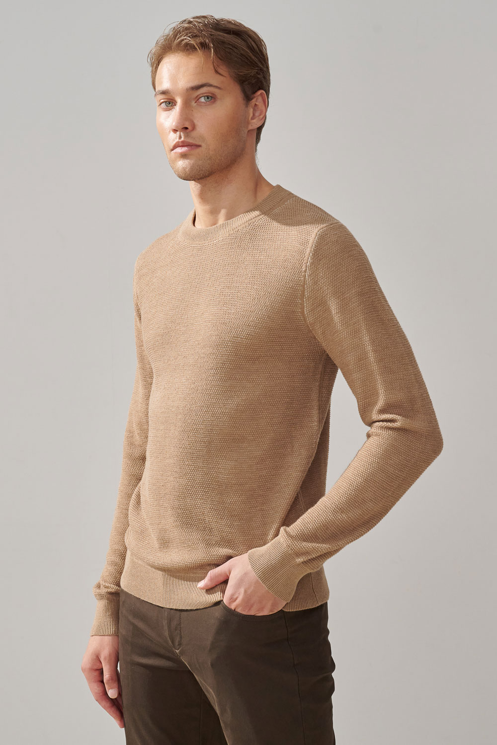 SST&C Warm Sand Color Double Textured Crew Neck Sweater | 1112309005  (Outlet)_0