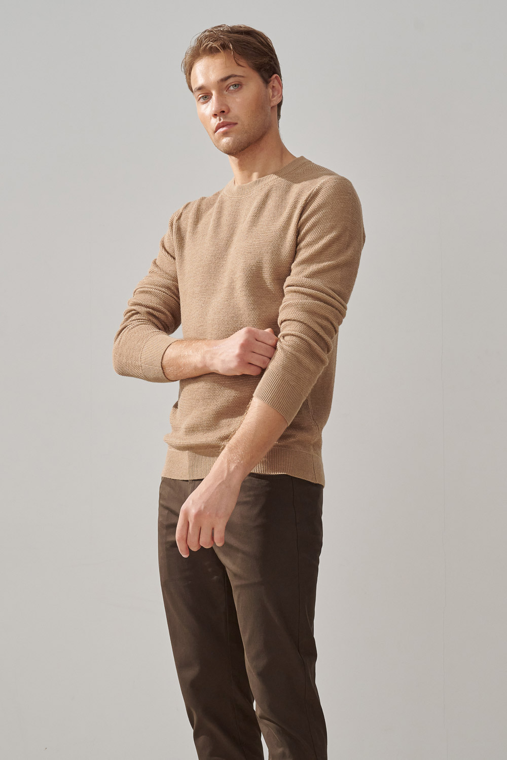 SST&C Warm Sand Color Double Textured Crew Neck Sweater | 1112309005  (Outlet)_1