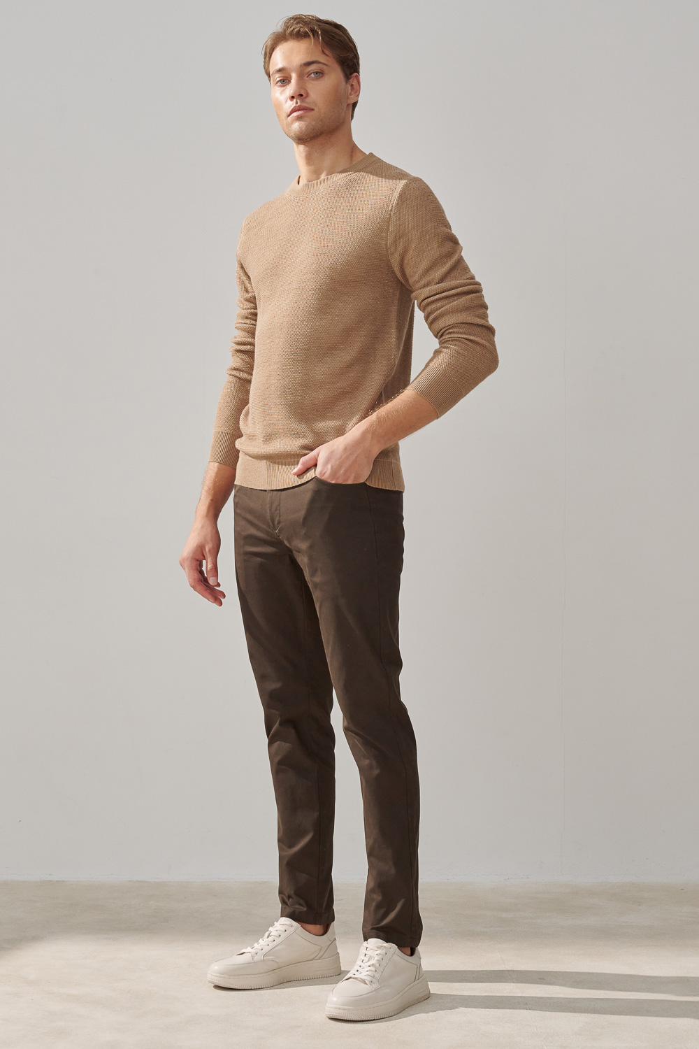 SST&C Warm Sand Color Double Textured Crew Neck Sweater | 1112309005  (Outlet)_3