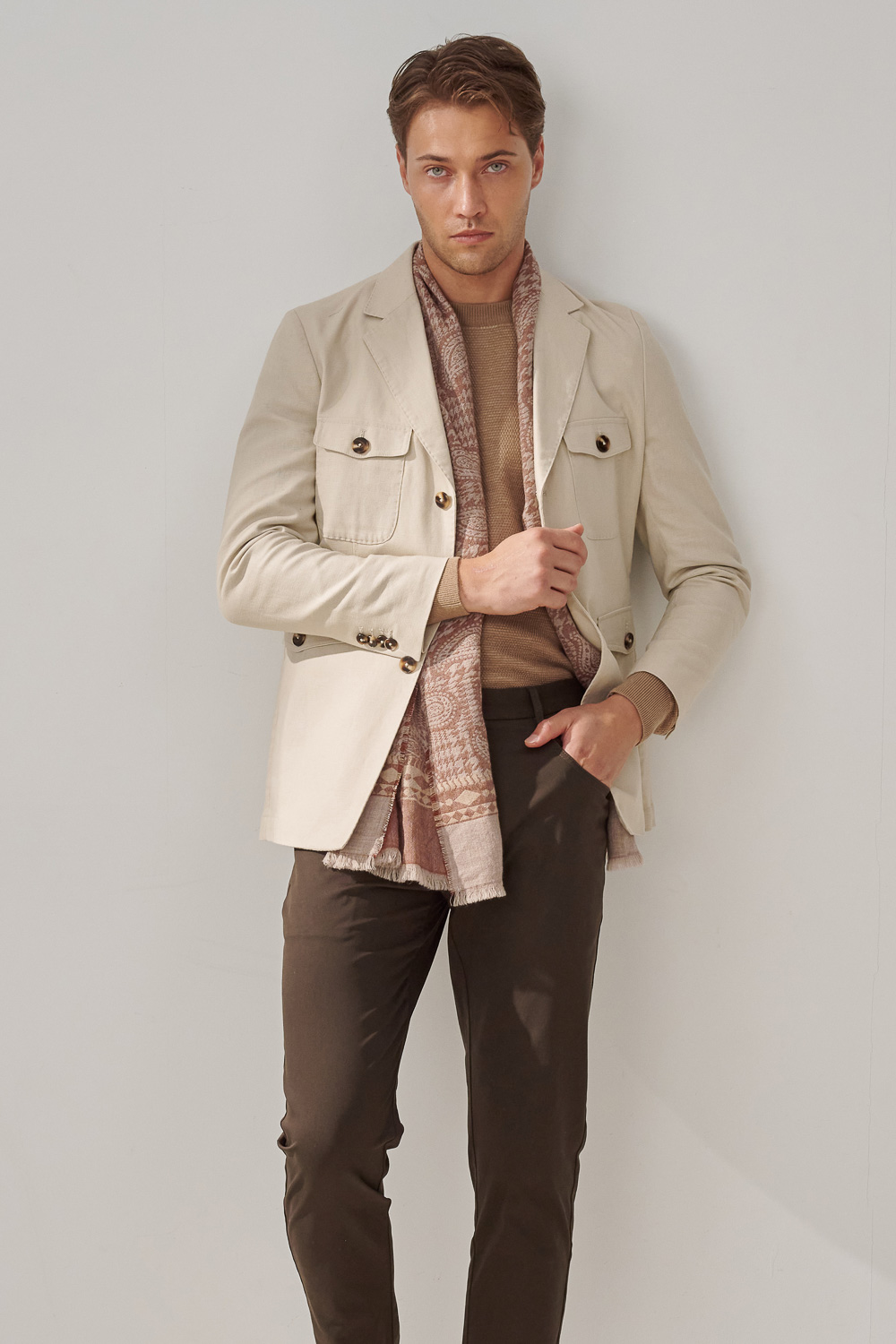 SST&C Warm Sand Color Double Textured Crew Neck Sweater | 1112309005  (Outlet)_4