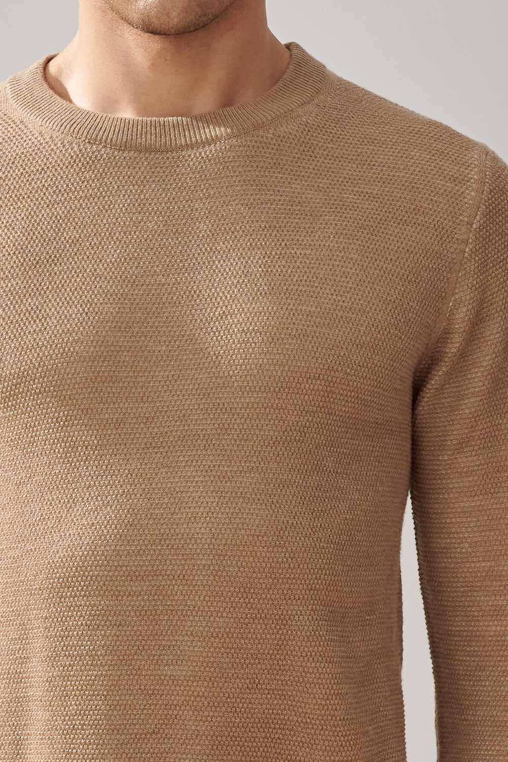 SST&C Warm Sand Color Double Textured Crew Neck Sweater | 1112309005  (Outlet)_6
