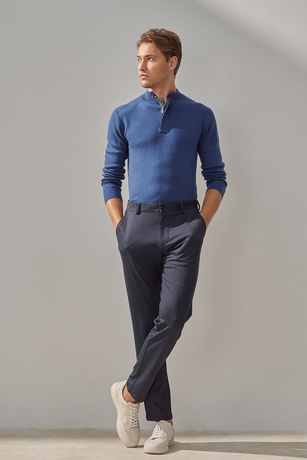 SST&C Navy Check Pattern Elastic Comfortable Slim Fit Casual Trousers | 1212309001  (Outlet)_0