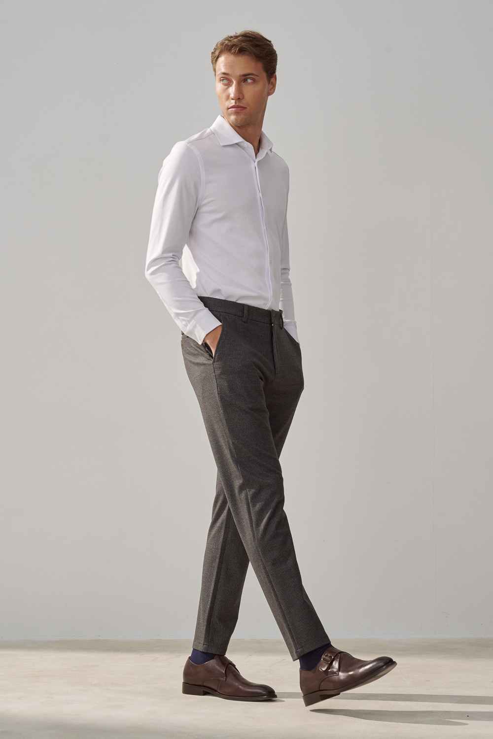 SST&C Dark Gray Houndstooth Stretchy Comfortable Slim Fit Casual Trousers | 1212309002  (Outlet)_2