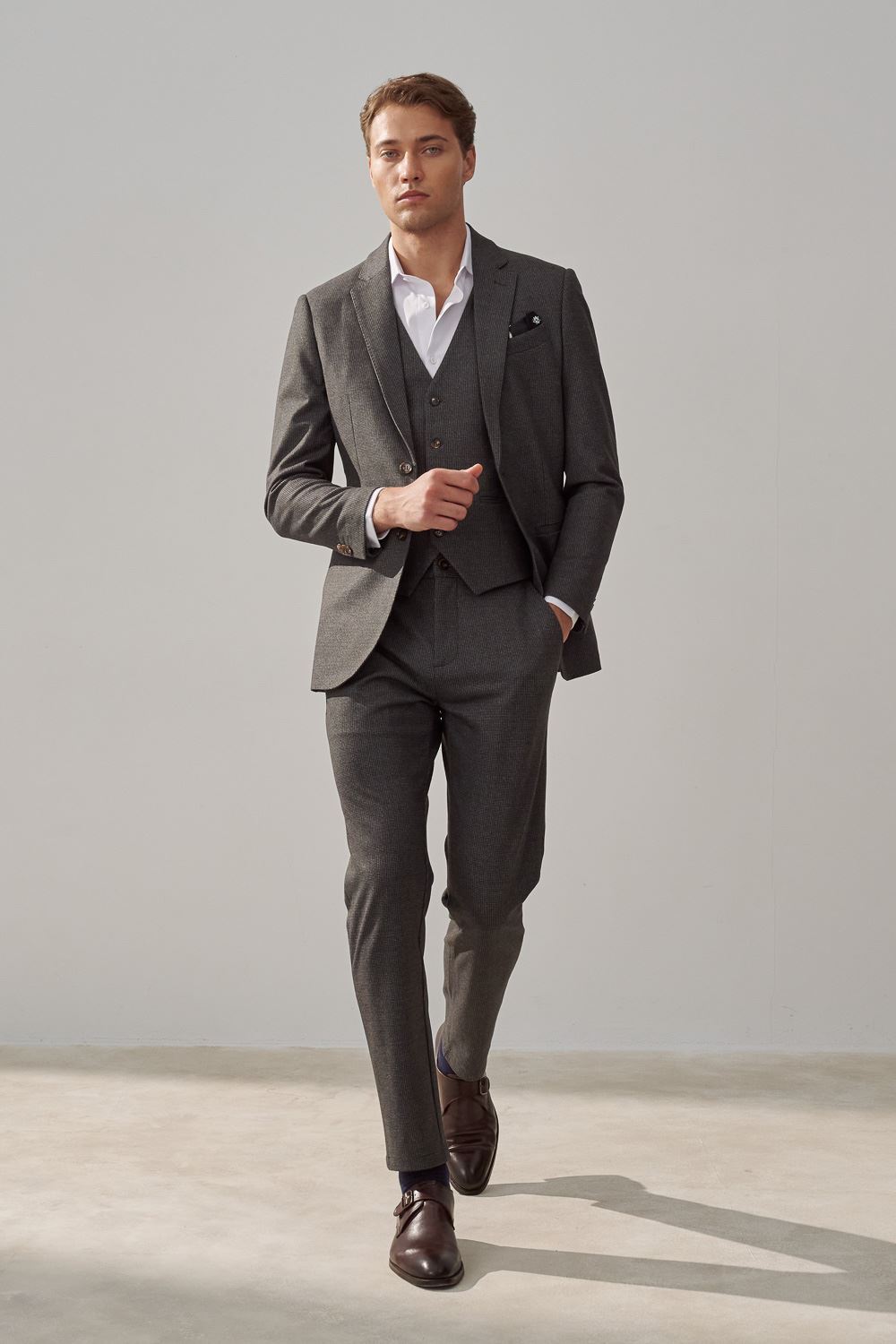 SST&C Dark Gray Houndstooth Stretchy Comfortable Slim Fit Casual Trousers | 1212309002  (Outlet)_3