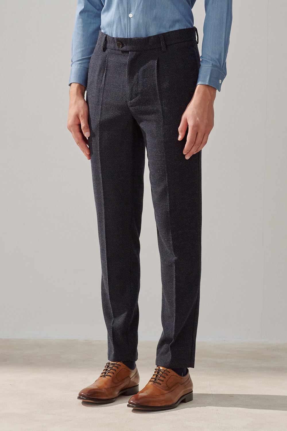 SST&C Navy Dot Pleated Slim Fit Casual Trousers | 1212309005  (Outlet)_1
