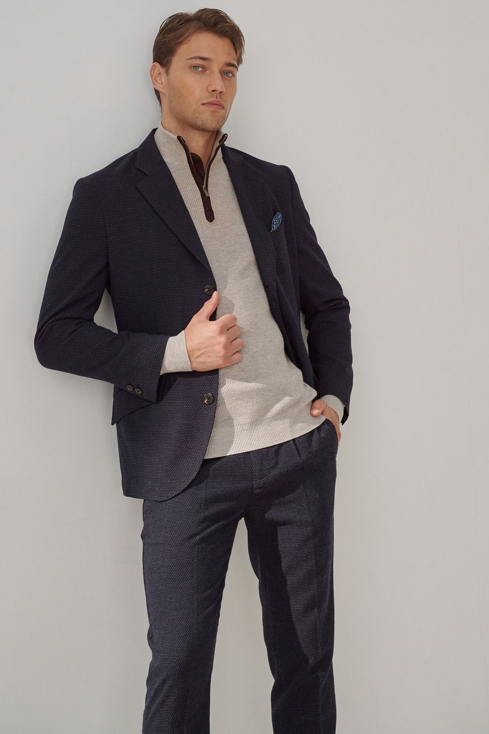 SST&C Navy Dot Pleated Slim Fit Casual Trousers | 1212309005  (Outlet)_4