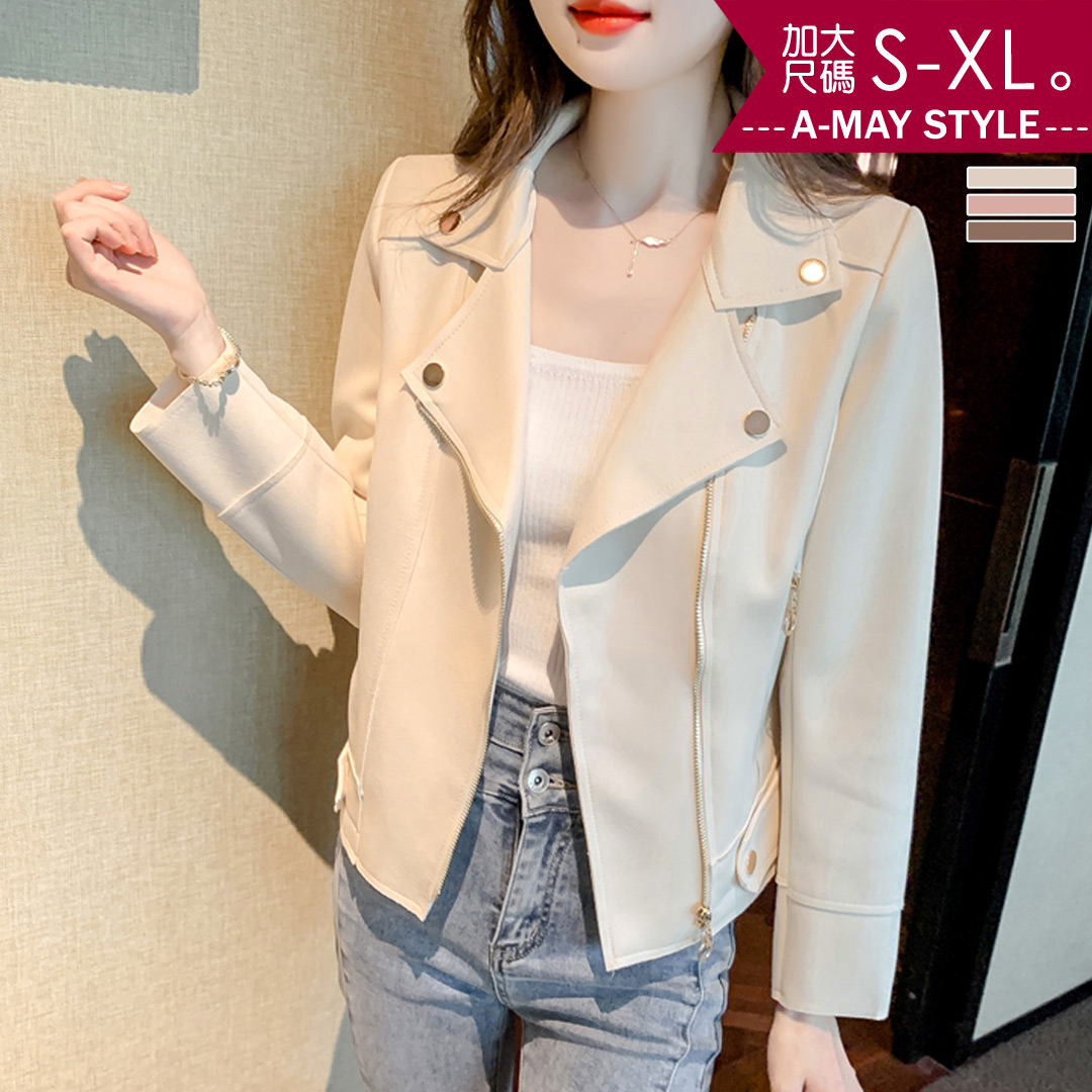 加大碼夾克-翻領麂皮感修身短版外套(S-XL)【XCM809863】＊艾美時尚(現貨)_0
