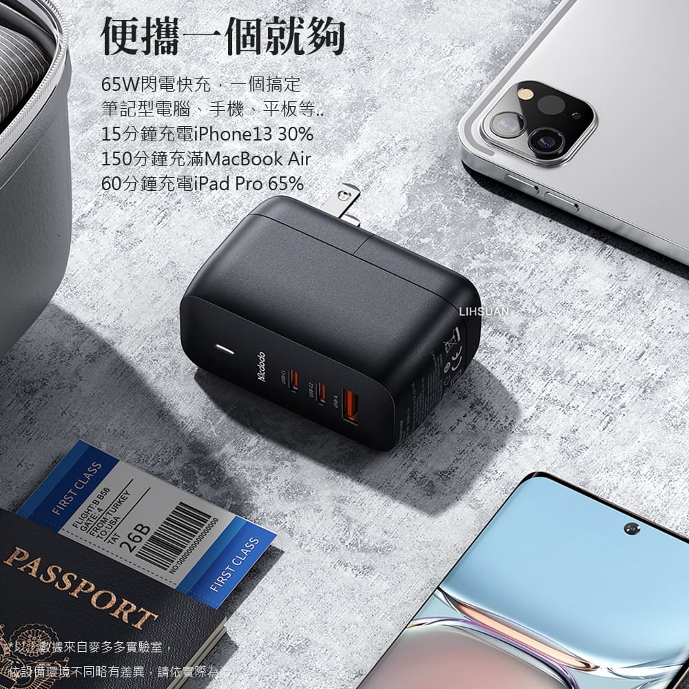 Mcdodo 麥多多 黑帝斯 65W GaN氮化鎵 三孔 PD 快充充電器-黑_5