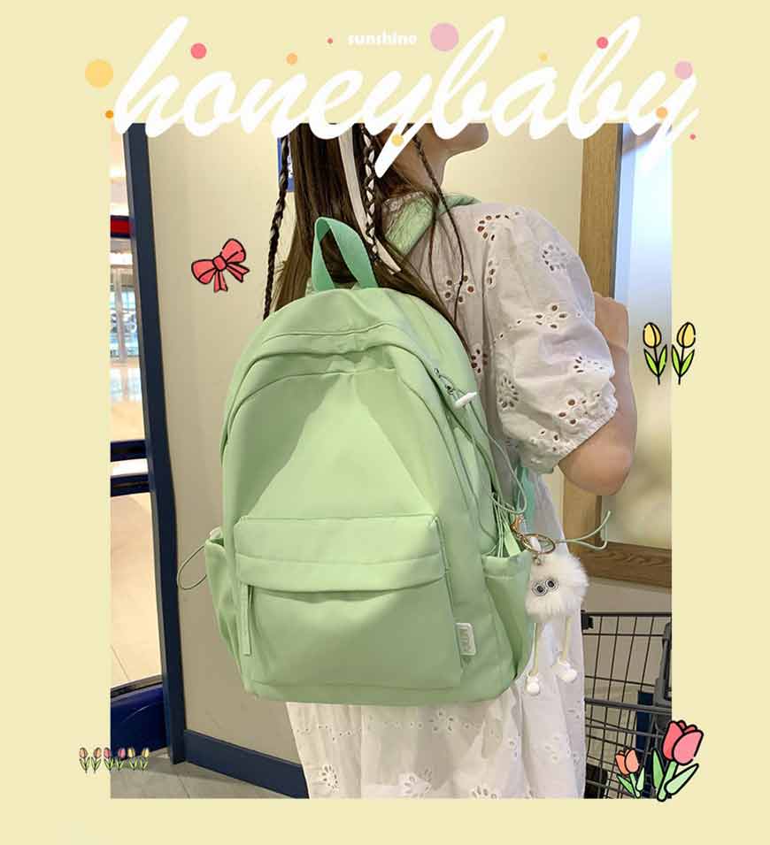 清新甜美多巴胺純色日系雙肩包 送白色毛球_0