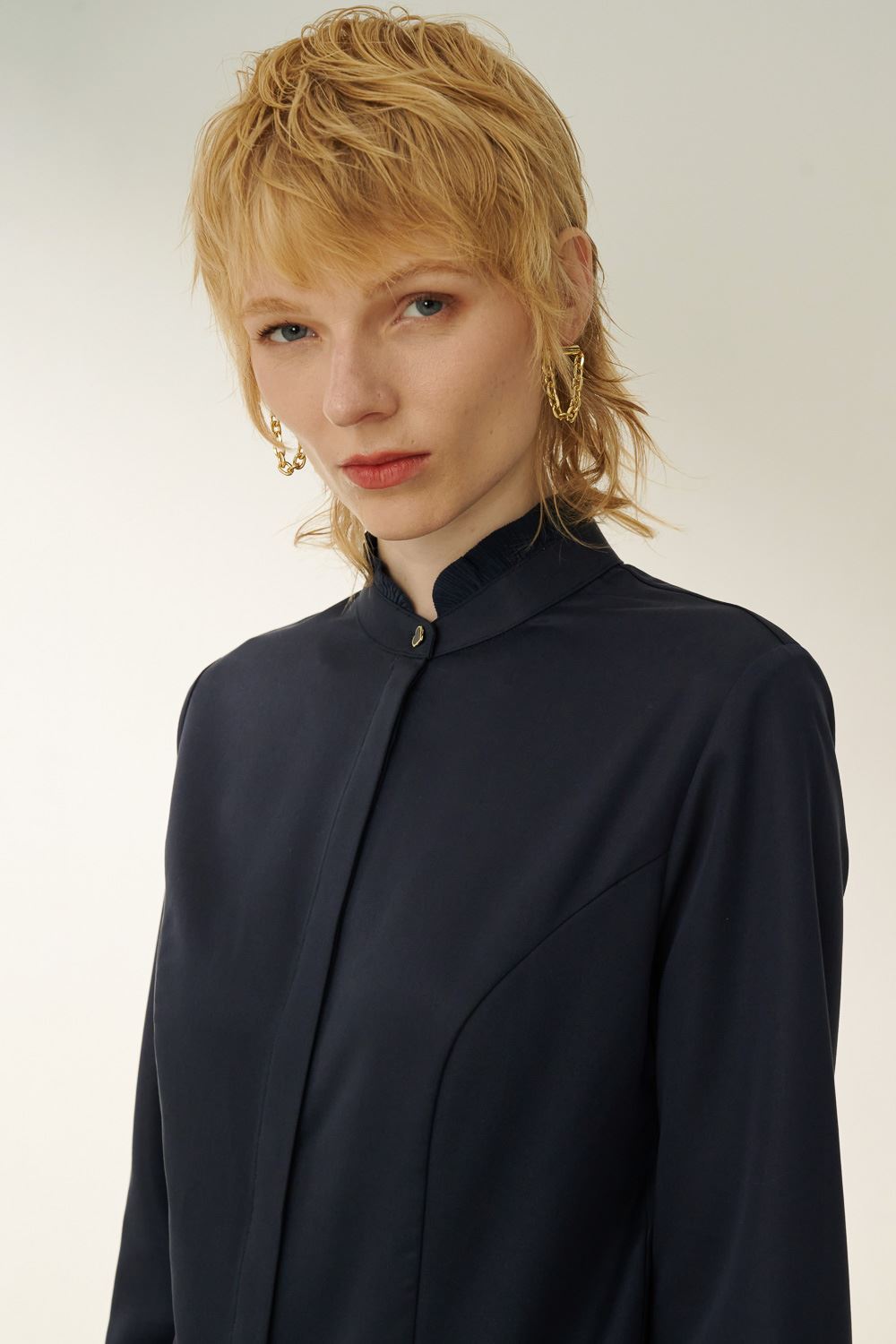 SST&C Night Blue Stand Collar Ruffle Trim Slim Fit Shirt | 7562309007  (Outlet)_1