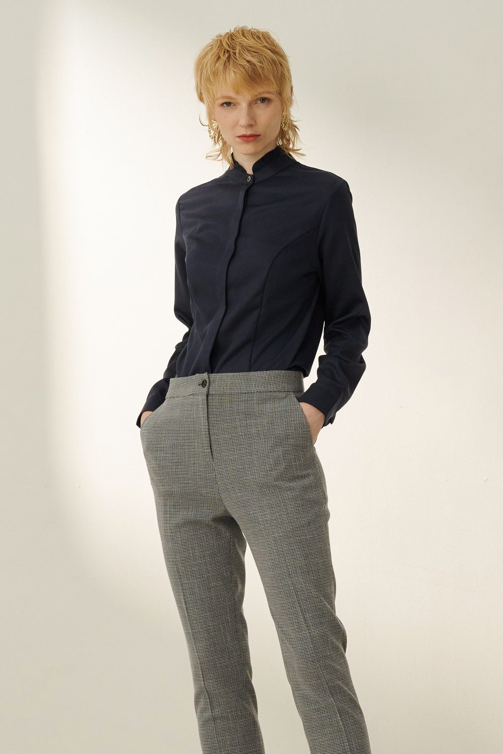 SST&C Night Blue Stand Collar Ruffle Trim Slim Fit Shirt | 7562309007  (Outlet)_2