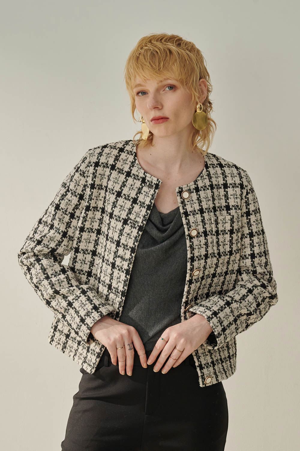 SST&C Black and White Checkered Short Jacket | 8162309003  (Outlet)_0