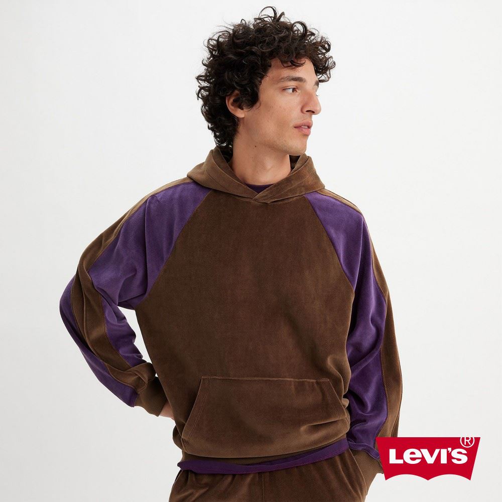 Levis Gold Tab金標系列 男款 寬鬆版撞色拼接口袋帽T / 柔順精梳棉 / 咖啡紫 熱賣單品