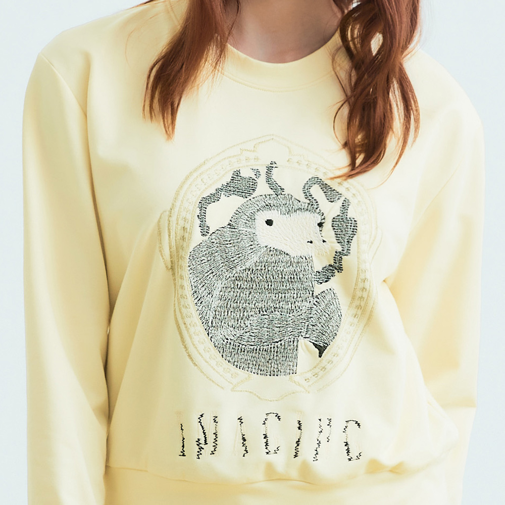 OUWEY歐薇 神奇動物字母刺繡棉質上衣(淺黃色；S-L)3233131606_2