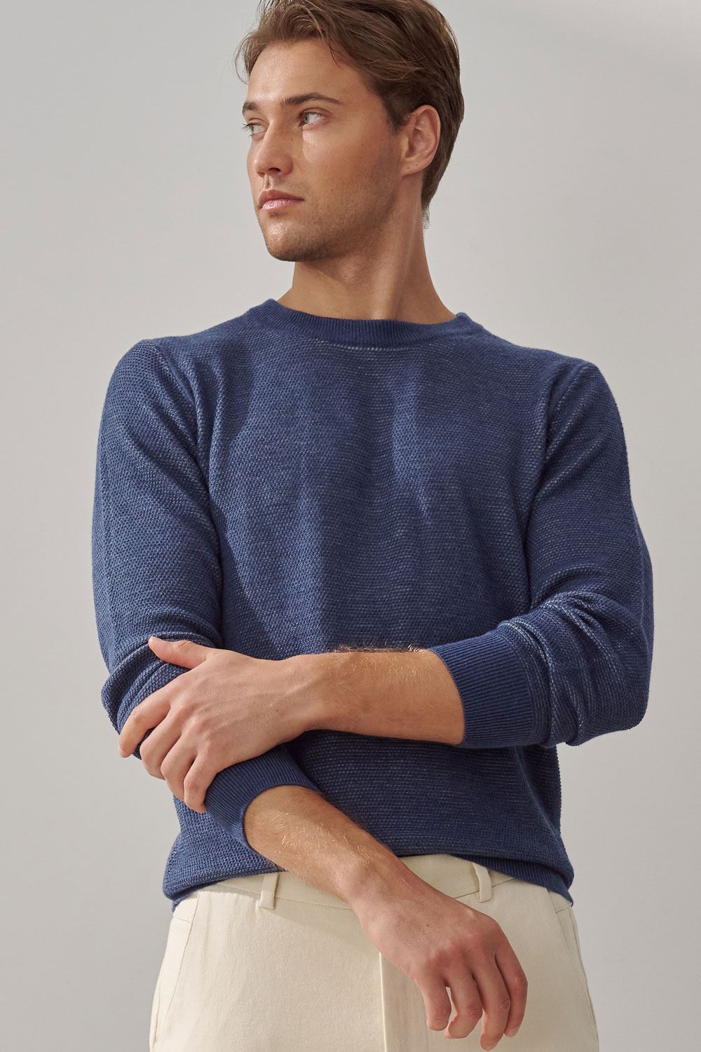 SST&C Cobalt Blue Double Textured Crew Neck Sweater | 1112309006  (Outlet)_0