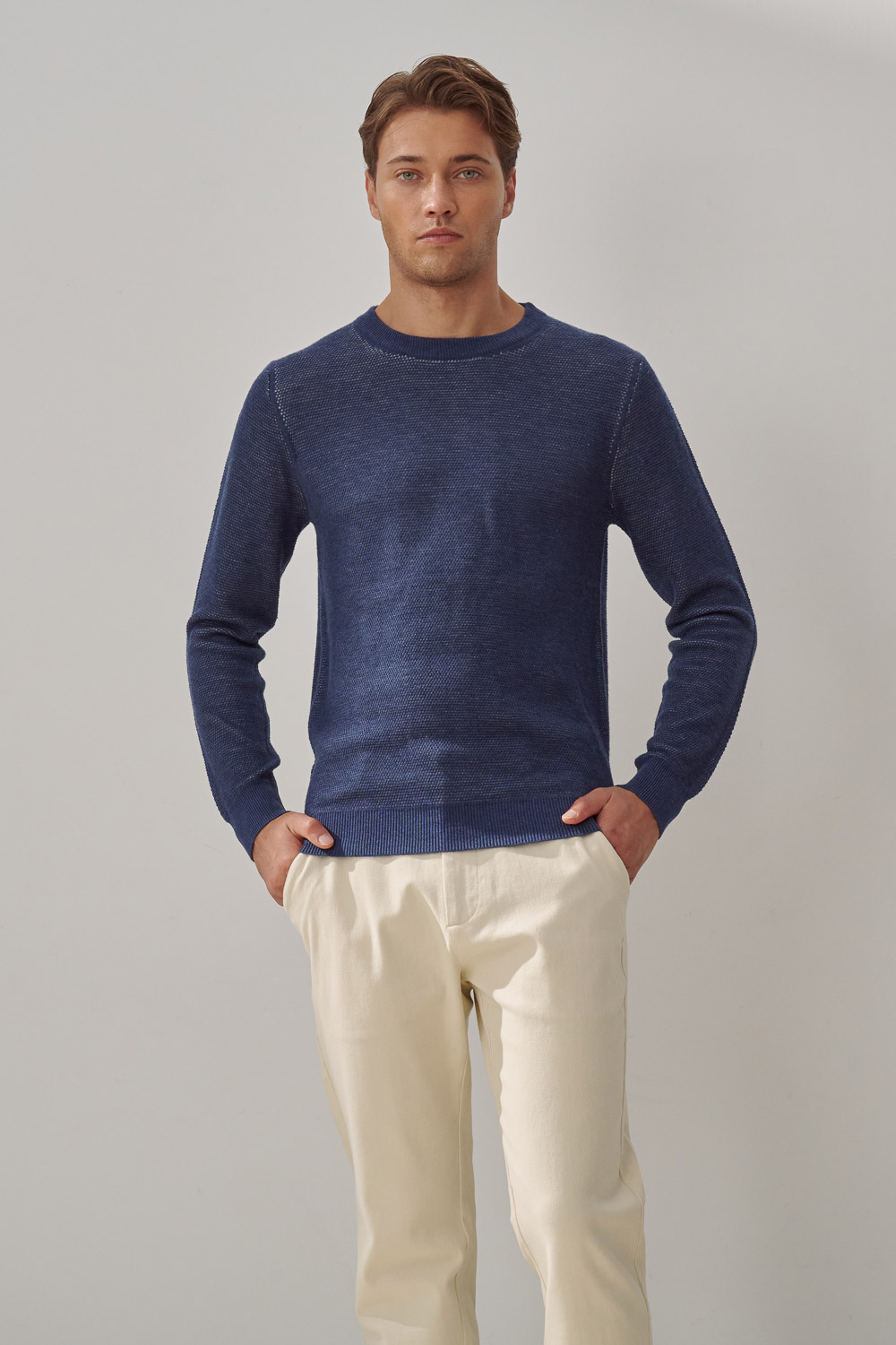 SST&C Cobalt Blue Double Textured Crew Neck Sweater | 1112309006  (Outlet)_1
