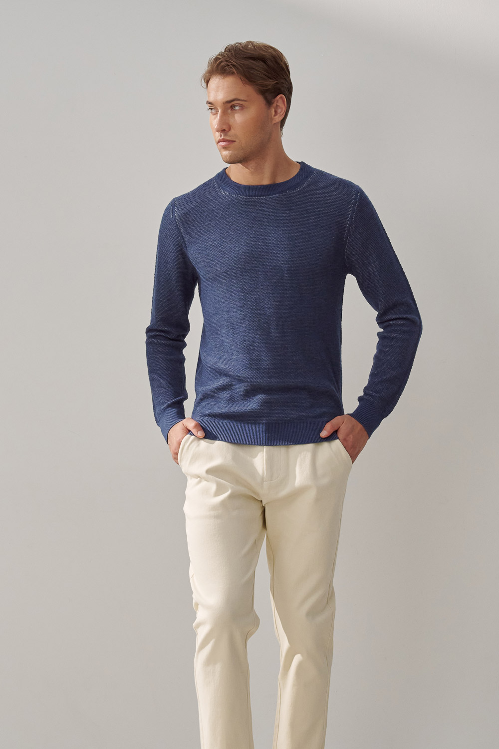 SST&C Cobalt Blue Double Textured Crew Neck Sweater | 1112309006  (Outlet)_2