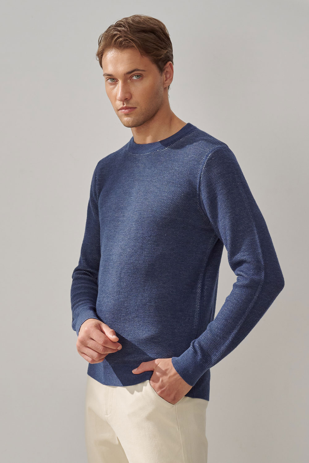 SST&C Cobalt Blue Double Textured Crew Neck Sweater | 1112309006  (Outlet)_5