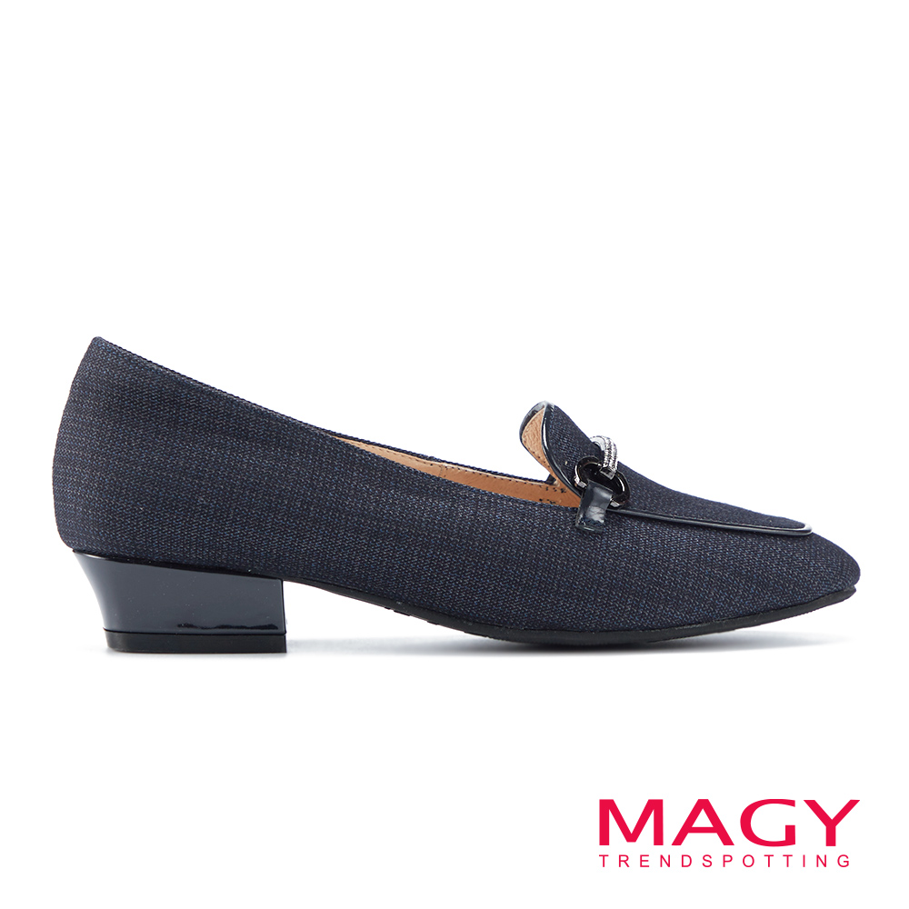 MAGY 馬銜釦布面拼接牛皮樂福低跟鞋 藍色 #14778
