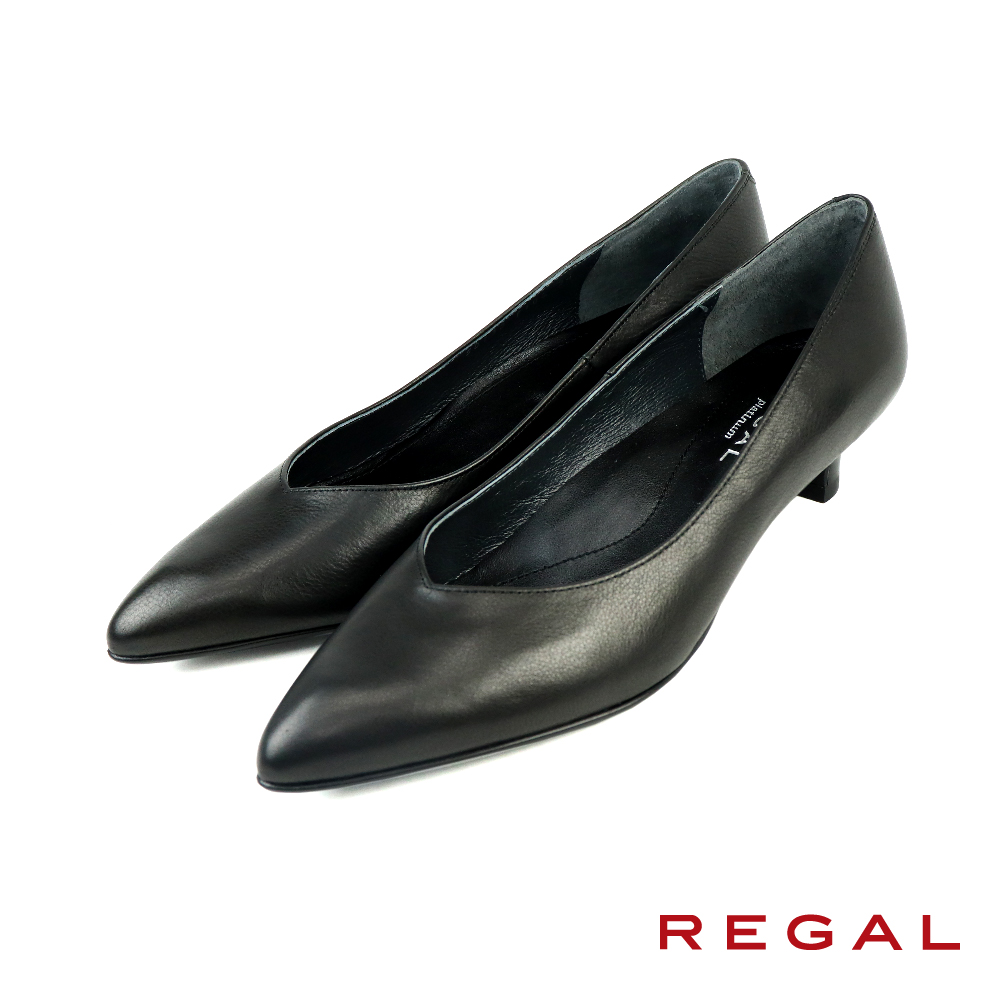 【REGAL】日本原廠手工經典素面尖頭跟鞋 黑色(F10Q-BL)