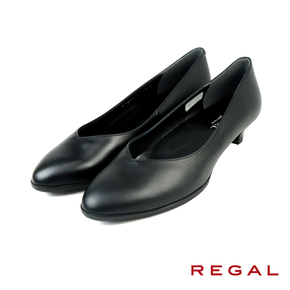 【REGAL】日本原廠手工經典素面圓頭跟鞋 黑色(F84M-BL)