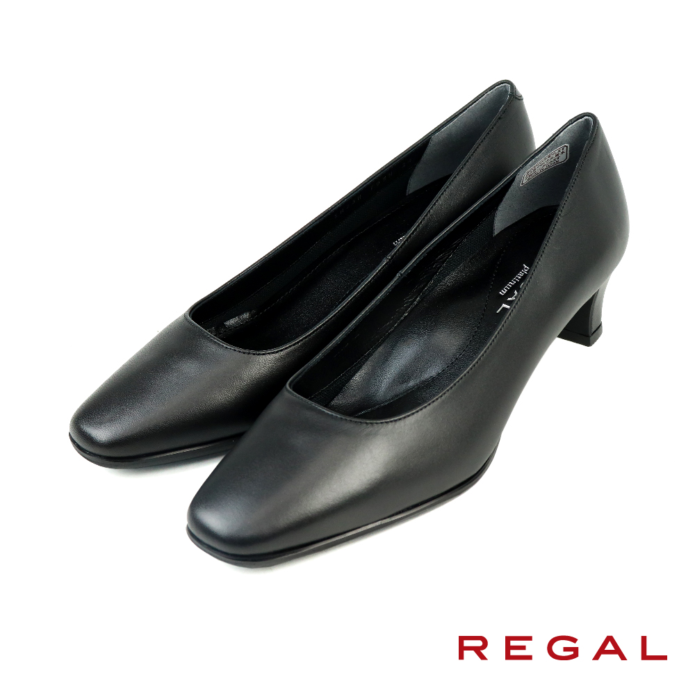 【REGAL】日本原廠手工經典素面方頭跟鞋 黑色(F95N-BL)